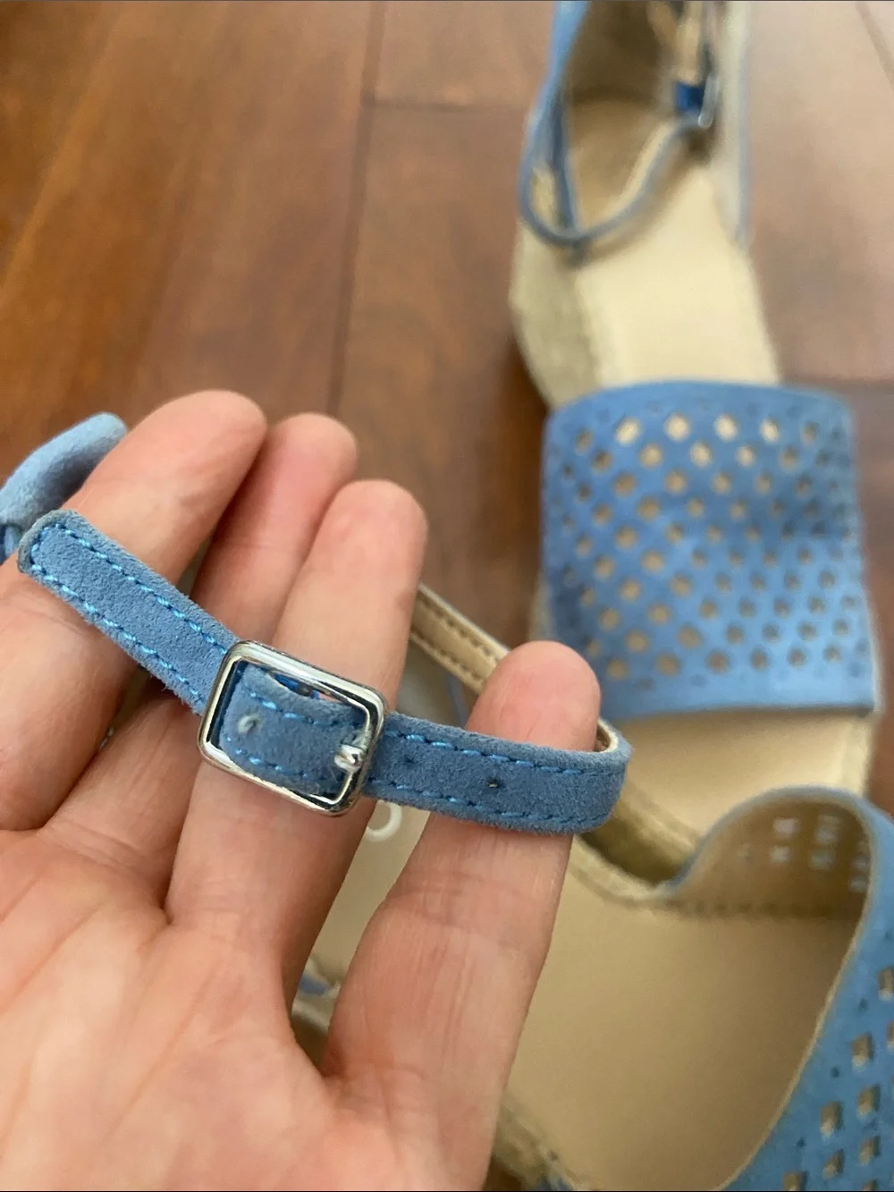 Franco Sarto Light Blue leather Espadrille Wedge Sandals with Ankle Strap.